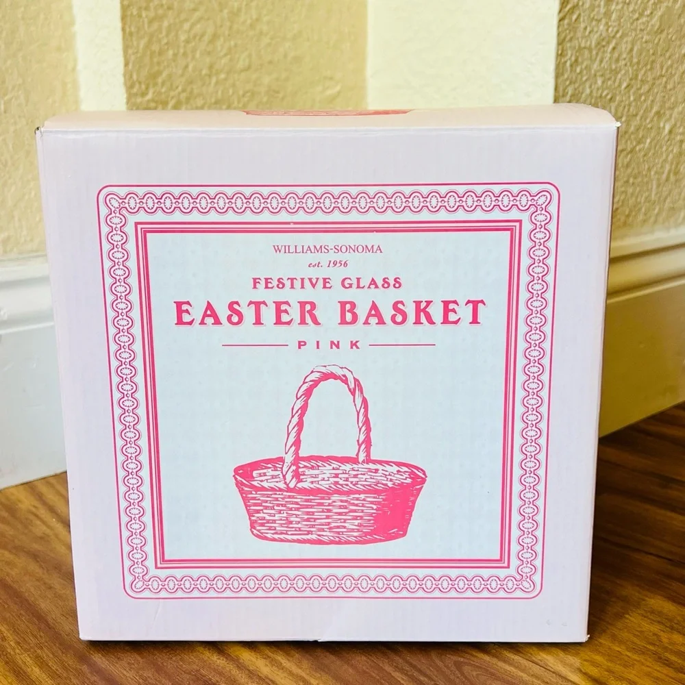 Williams-Sonoma Pink Embossed Glass Woven Easter Basket Round 7” Clear Handle